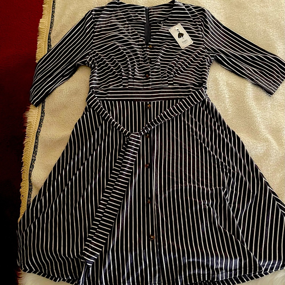 Navy/White Striped Dress 3/4 Sleeve Cotton/Poly Blend
